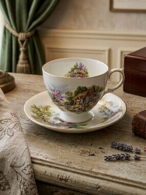 Vintage Royal Vale Bone China Scenic Cottage Tea Cup & Saucer Set